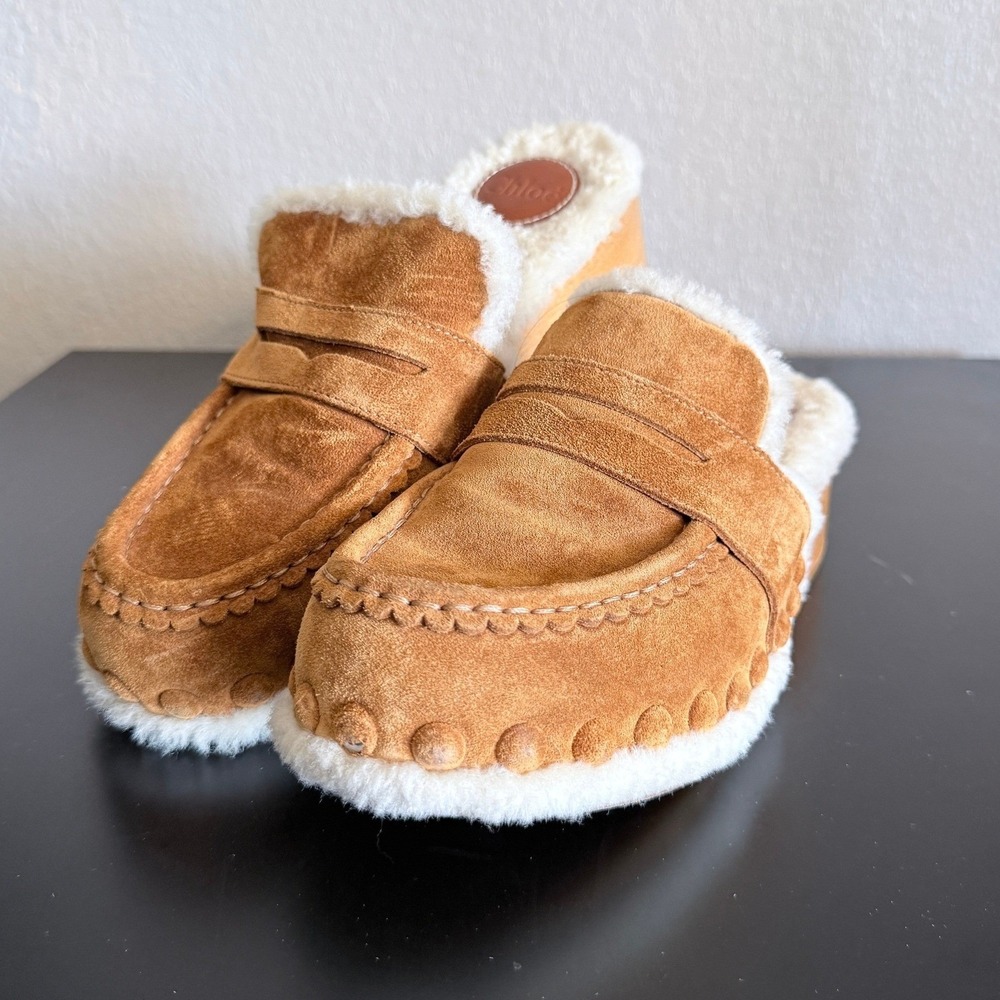 Chloé Joy Suede‎ Shearling Clog Slippers 37 6.5 Tan Fuzzy Slip On Designer